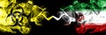 Quarantine in Iran, Iranian. Coronavirus COVID-19 lockdown. Smoky mystic flag of Iran, Iranian with biohazard symbolÃÂ placed side